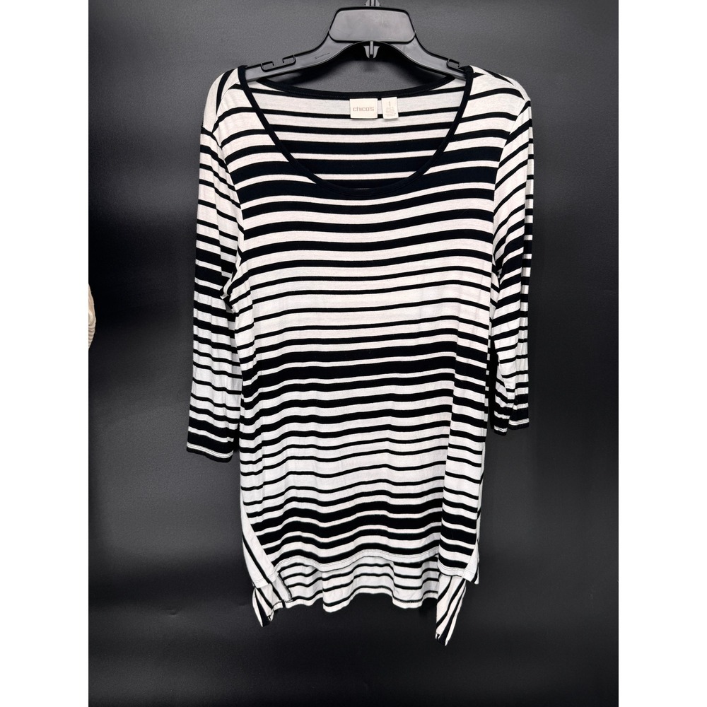 Chico's Tunic Women Size 1 Black White Striped 3/4 Sleeve Side Slit High-Low Hem